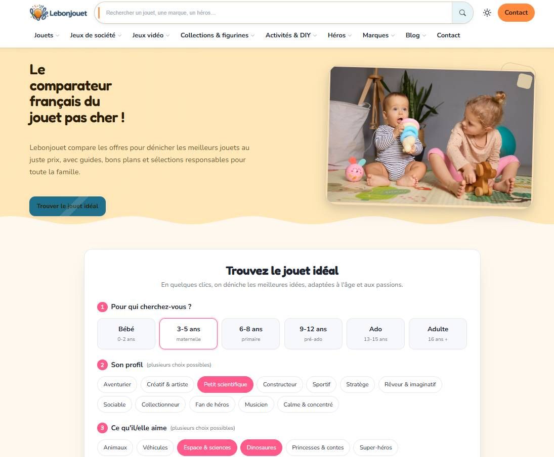 Site Le Bon Jouet, comparateur de jouets, réalisé avec le CMS Knotix